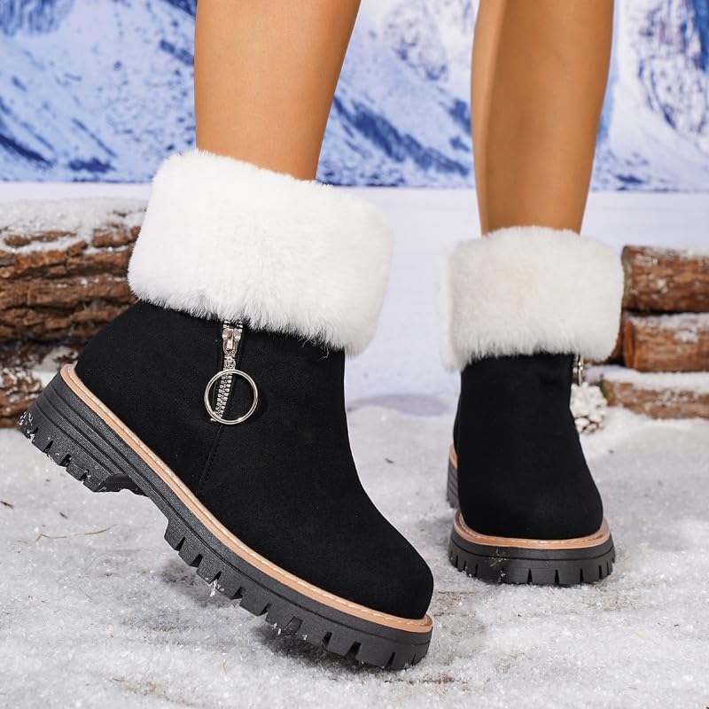 Women's Faux Fur Snow Boots - Round Toe Suede Warm Fur Lined Platform Flat Comfort Outdoor Winter Boots Fashion Plush Lined Ankle Boots Platform Zipper Short Booties