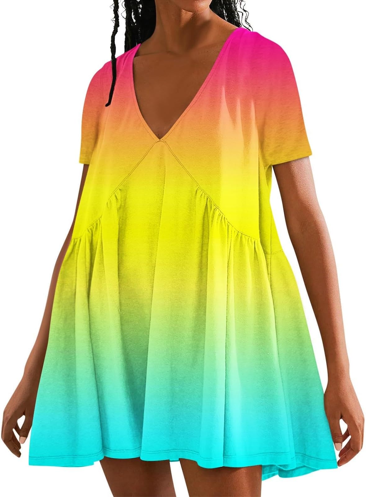 Sundresses for Women 2024 Gradient Short Sleeve Knee Length Dresses v Neck Loose Fit Ruched Summer Beach Dresses