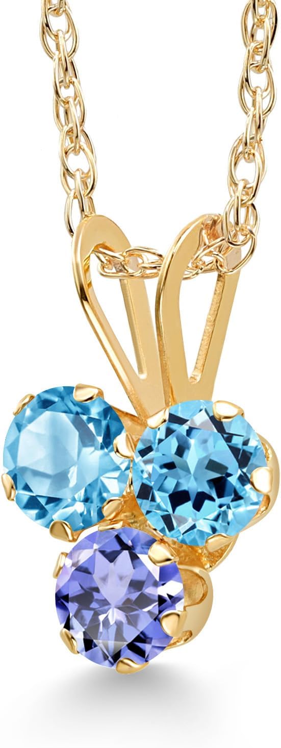Gem Stone King 14K Yellow Gold Swiss Blue Topaz and Blue Tanzanite 3-Stone Pendant Necklace For Women (0.45 Cttw, Gemstone November Birthstone, Round 3MM, 18 Inch Chain) - Image 2