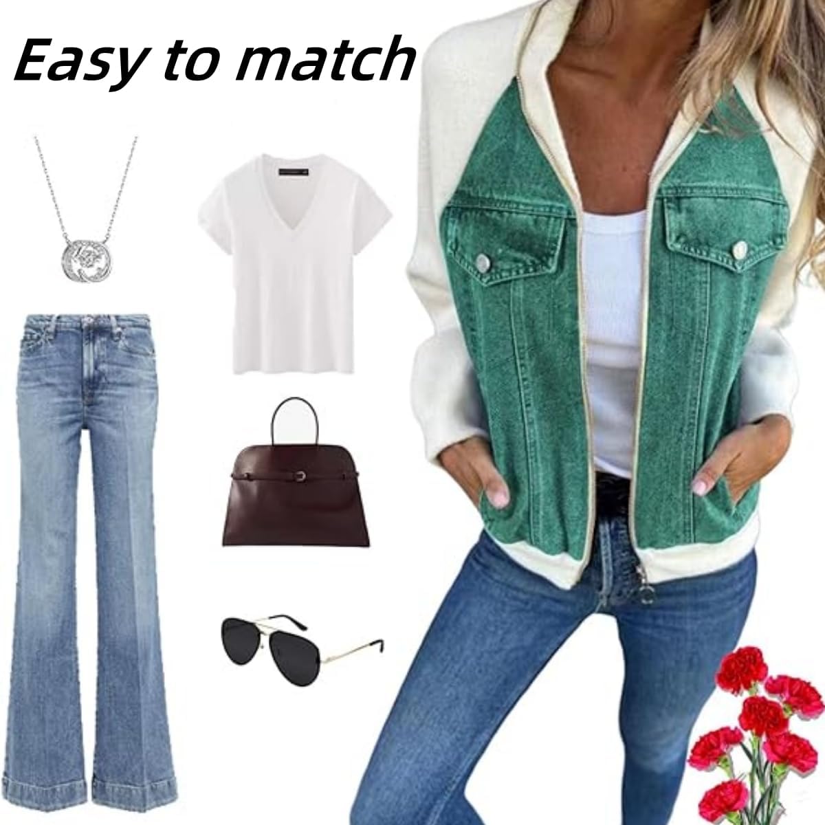 Women Modern Denim Patchwork Jacket,Casual Loose Long Sleeve Zipper Coats,Autumn Winter Splicing Sweatshirt Top with Pocket