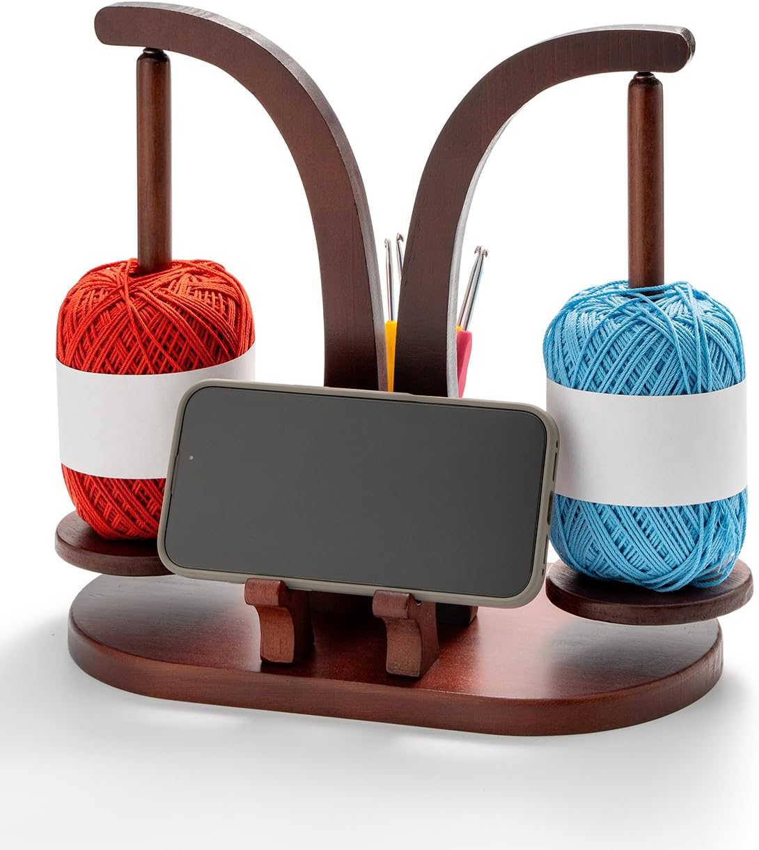 CENLYIN Yarn Holder for Crocheting & Knitting with Dual-Leg Phone/Tablet Stand, Wooden Yarn Spinner, Crochet Hook Storage Cylinder, Anti-Slip Base,for Yarn Lovers (Brown)
