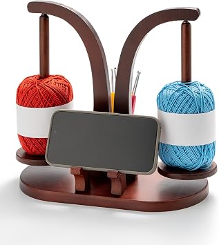 CENLYIN Wooden Yarn Holder for Crocheting and Knitting, Yarn Spinner with Dual Leg Phone Tablet Stand, Crochet Hook Storage Cylinder and Anti Slip Base Brown