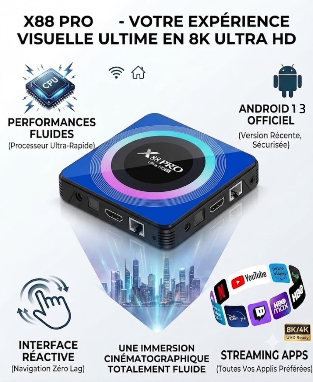 boitier Streaming Android TV Box - 8K Boîtier TV Android WiFi 6 Media Streaming RK3528 2Go RAM 16Go ROM BT5.2 Lecteur multimédia Quadcore CortexA53,0 GHz HDR10.0 3D Code TV Box