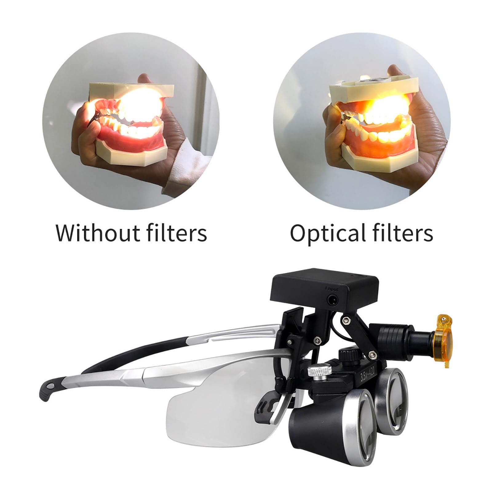 Lupas Binoculares Dentales, Aumento De 2,5X / 3,5X, con Linterna Frontal Led De 5W, Distancia De Trabajo: 320-42mm, 4 Niveles De Brillo Ajustable, para Laboratorios Dentales. E-3.5X