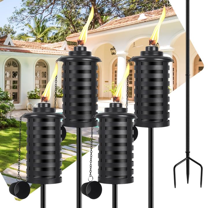 ZSZMFH 4 Pcs Metal Torch for Outside, 16oz Outdoor Metal Torch Garden Décor,59-Inch Upgraded Citronella Torches with 3-Prong Grounded Stake, Table Top Torches for Party Patio Pathway
