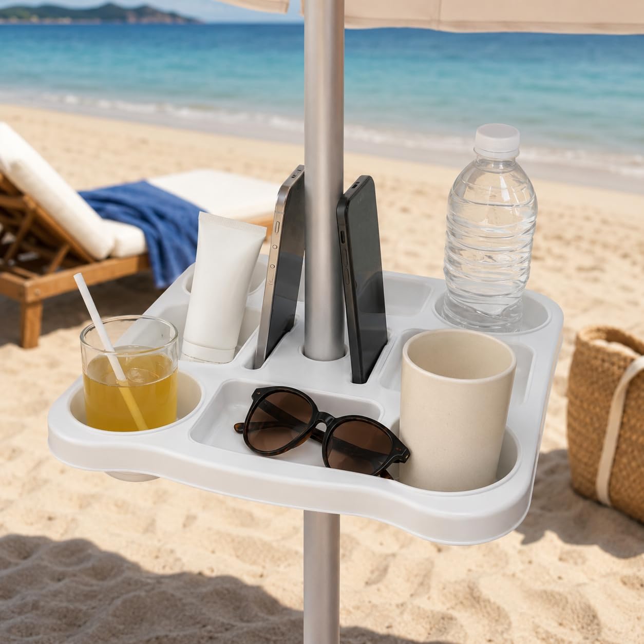 Tavolino Per Ombrellone Da Spiaggia Qualità Top 8 Scomparti E 2 Slot Per Smartphone 35x35 cm Portaoggetti Porta Bicchieri Bottiglie Con Morsetto Regolabile Ø22-40 mm Per Spiaggia Giardino Piscina