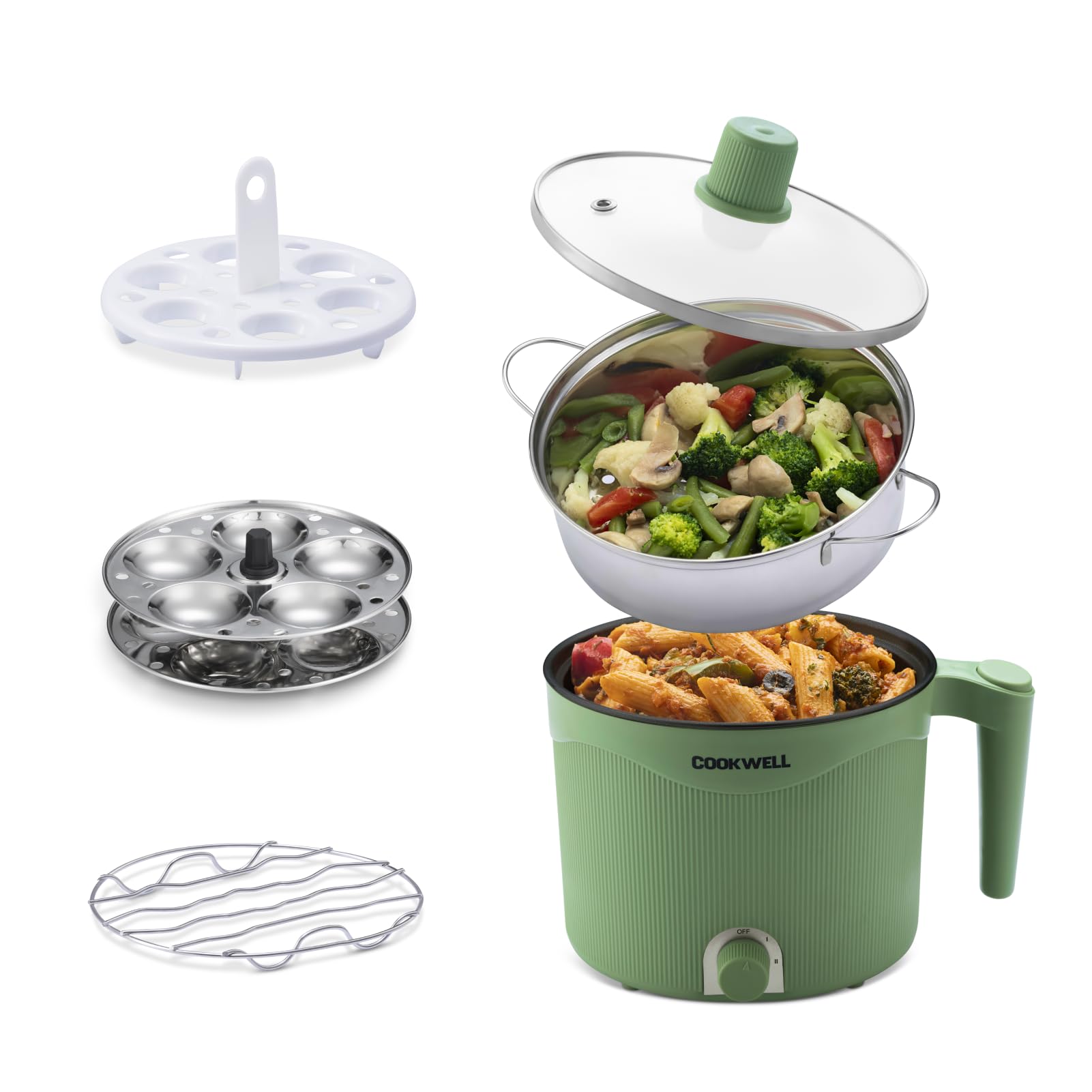 Cookwell Multipurpose Electric Kettle - 1.5L Nonstick Inner Pot with Steamer, Idlli Stand, Stainless Steel Rack & Egg Rack (600W)