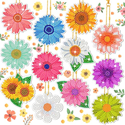 Bucherry 12 Pcs Flowers Diamond Painting Keychains 5d Spring Diamond Art Key Rings Sunflower Hanging Ornaments for DIY Craft(Rustic Style)