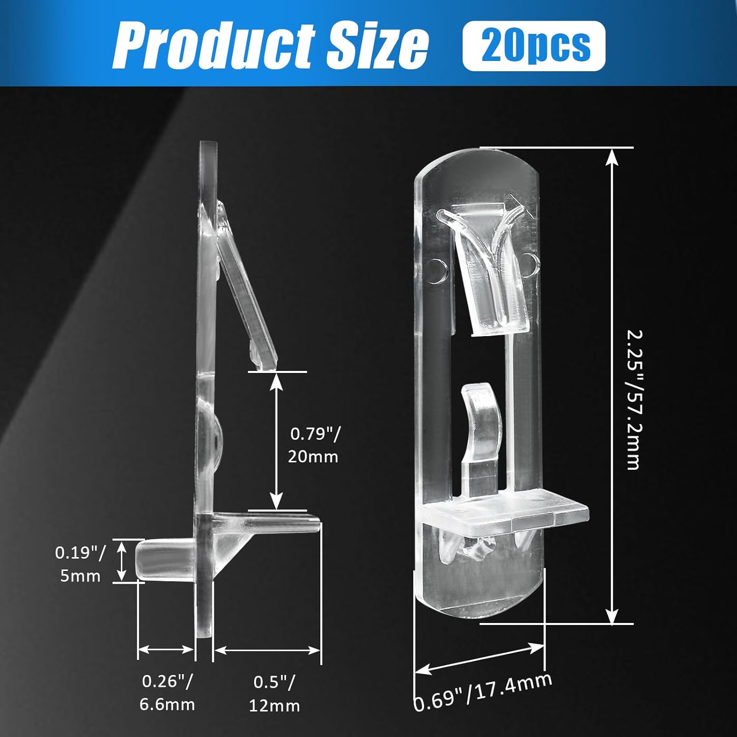 Hordion 20pcs Plastic Locking Shelf Pins, 5mm Clear Shelf Support Pegs Self-Locking Cabinet Shelf Clips Fits 5mm Diameter Hole, 3/4" Thick Shelves
