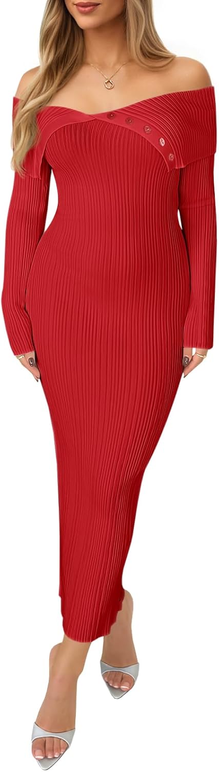 Saodimallsu Womens Off The Shoulder Sweater Dress Long Sleeve Bodycon Ribbed Knit Cocktail Party Formal Midi Dresses
