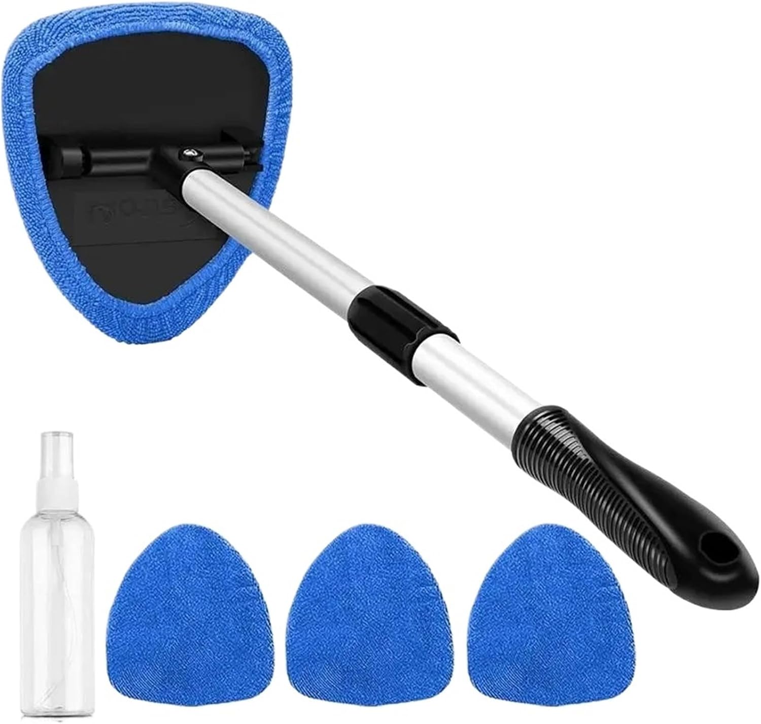 Car Windshield Cleaning Tool with Extendable Handle - Dark Blue Glass Wiper Kit with 4 Reusable Microfiber Cloths