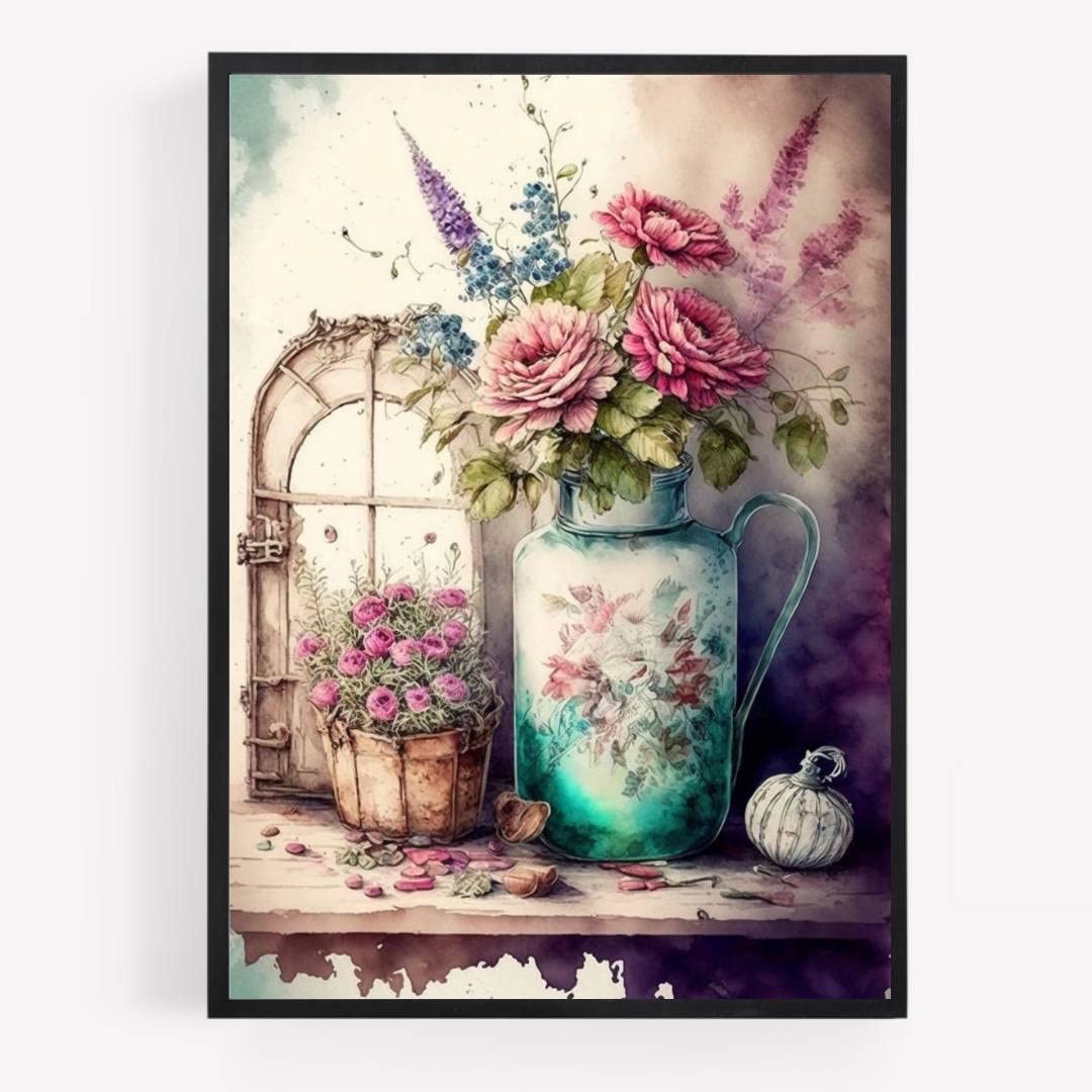 Gfc Black White Hydrangea Roses Flowers Print Picture Poster A4 Unframed Mason Jar Pink Purple Yellow Shabby Chic Country Vase Wall Art Home Decor Decorating