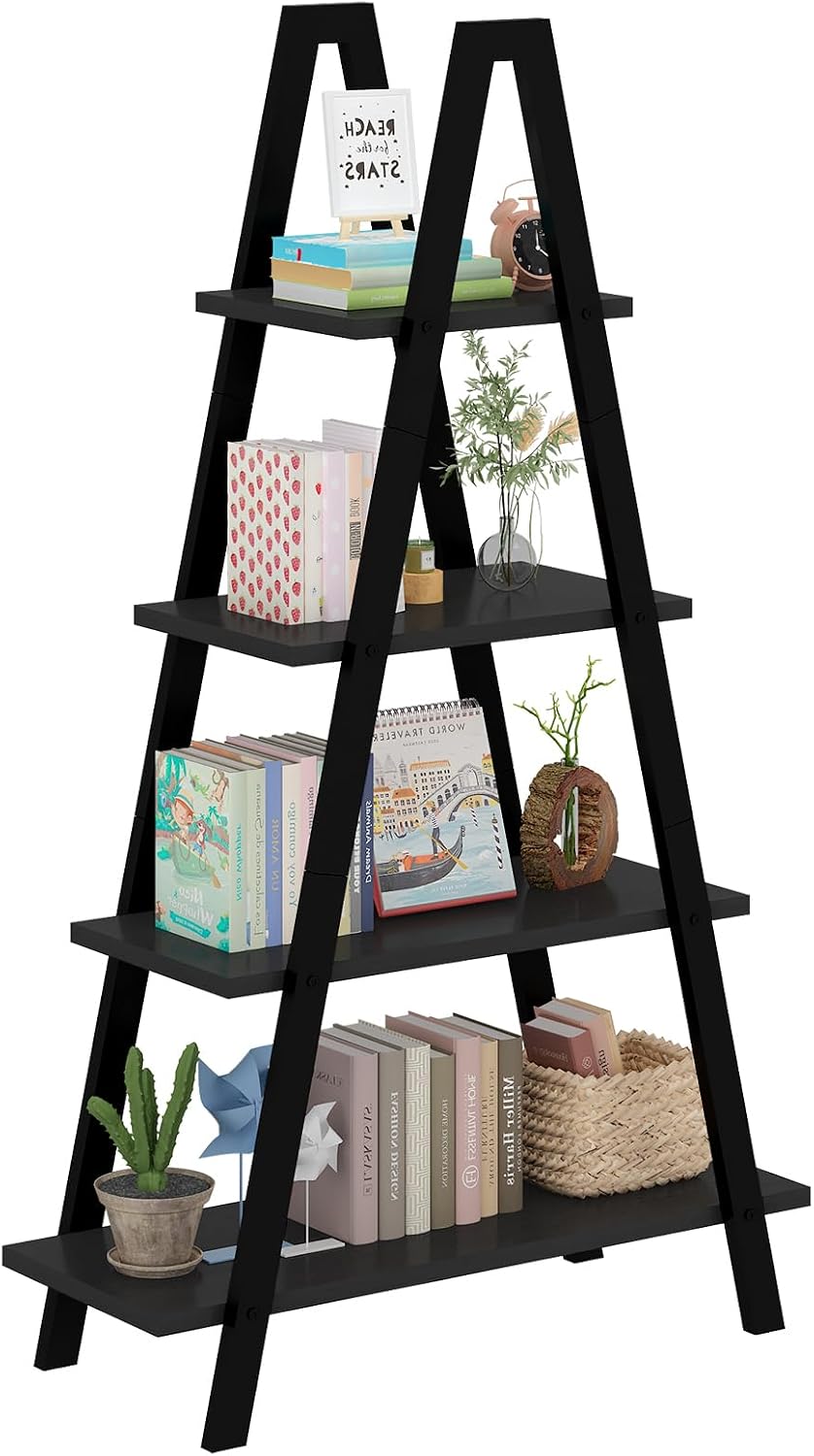 5-Tier Industrial Ladder Shelf - Wall Mounted Bookcase In Black & Gold, 70.8" Tall, Wood & Metal - View #6