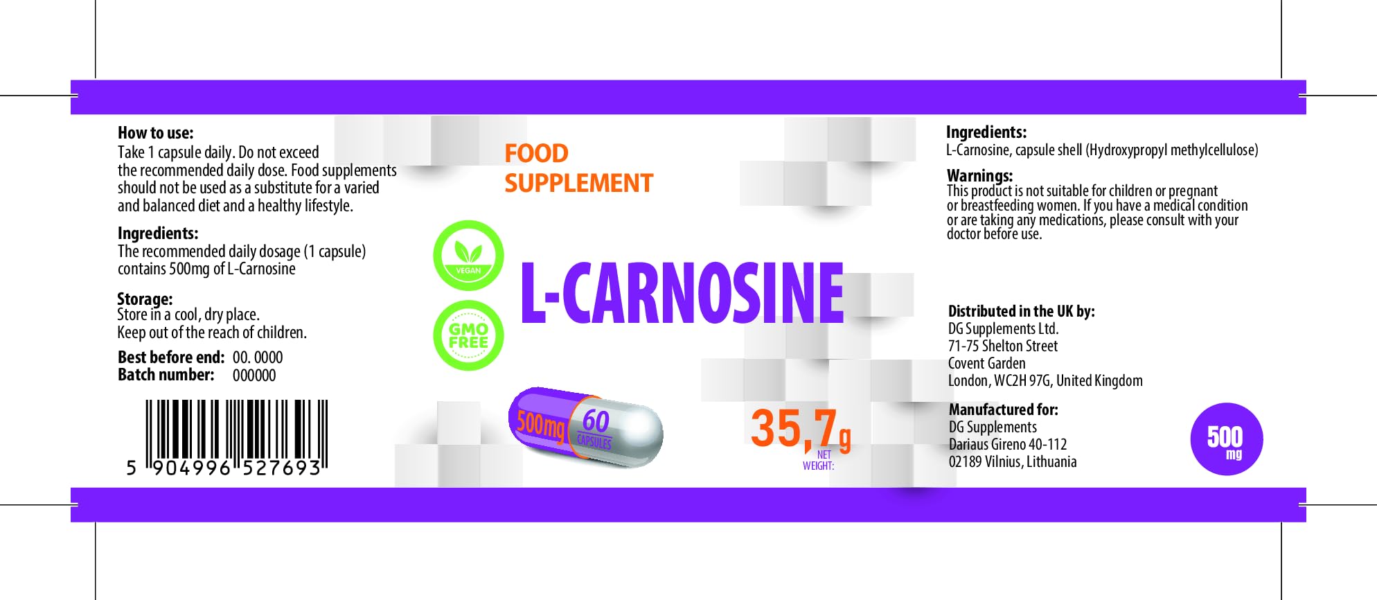 Hepatica L-Carnosina 500 mg | Dipeptide di Beta-Alanina e Istidina | 60 Capsule Vegane | Scorta 2 Mesi | GMP & laboratorio indipendente