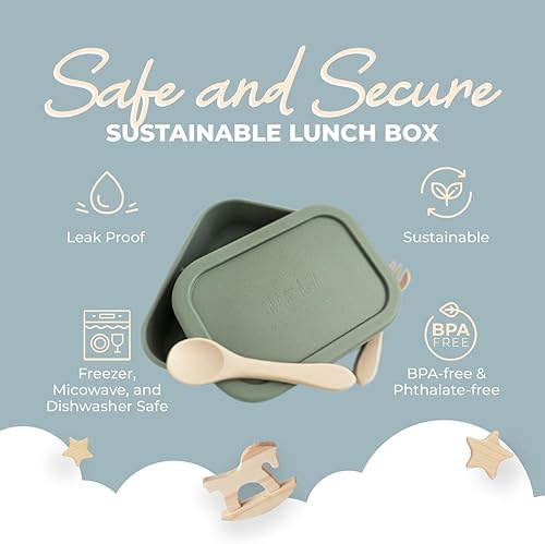 Miniatura 2 de Nyte Nyte Baby Green Kids Bento Box - Lonchera 100% silicona de grado alimenticio para adultos y niños pequeños, con 3 compartimentos, apta para