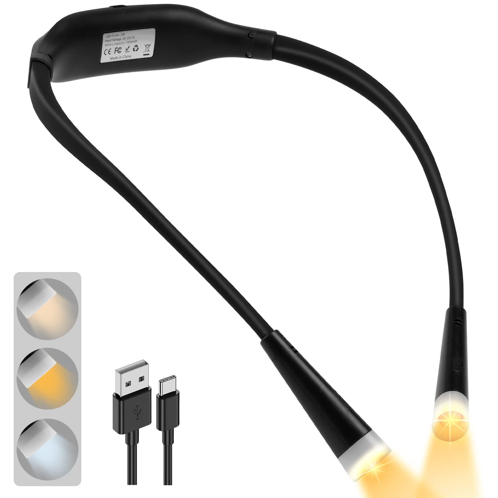 URAQT Luz de Lectura Cuello, Lampara Libro de Lectura Recargable, 3 Colores y 3 Niveles de Brillo Ajustables, Lampara Lectura Flexible Diseño Ergonomico para Leer Nocturna, Tejer, Reparar, Acampar