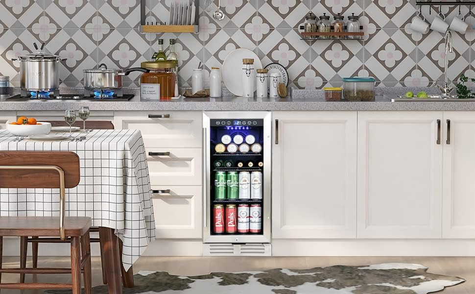 Miniatura 8 de Refrigerador de bebidas, mini refrigerador de 15 pulgadas que se puede integrar e independiente, capacidad de 120 latas con memoria de temperatura