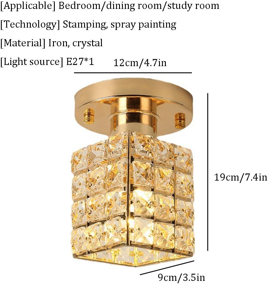 Luxurious Crystal Semi Flush Mount Ceiling Light, Square Indoor Close to Ceiling Light Unique Brass Accent Ceiling Light for Closet Farmhouse Hanging Light for Bedroom Kitchen Porch
