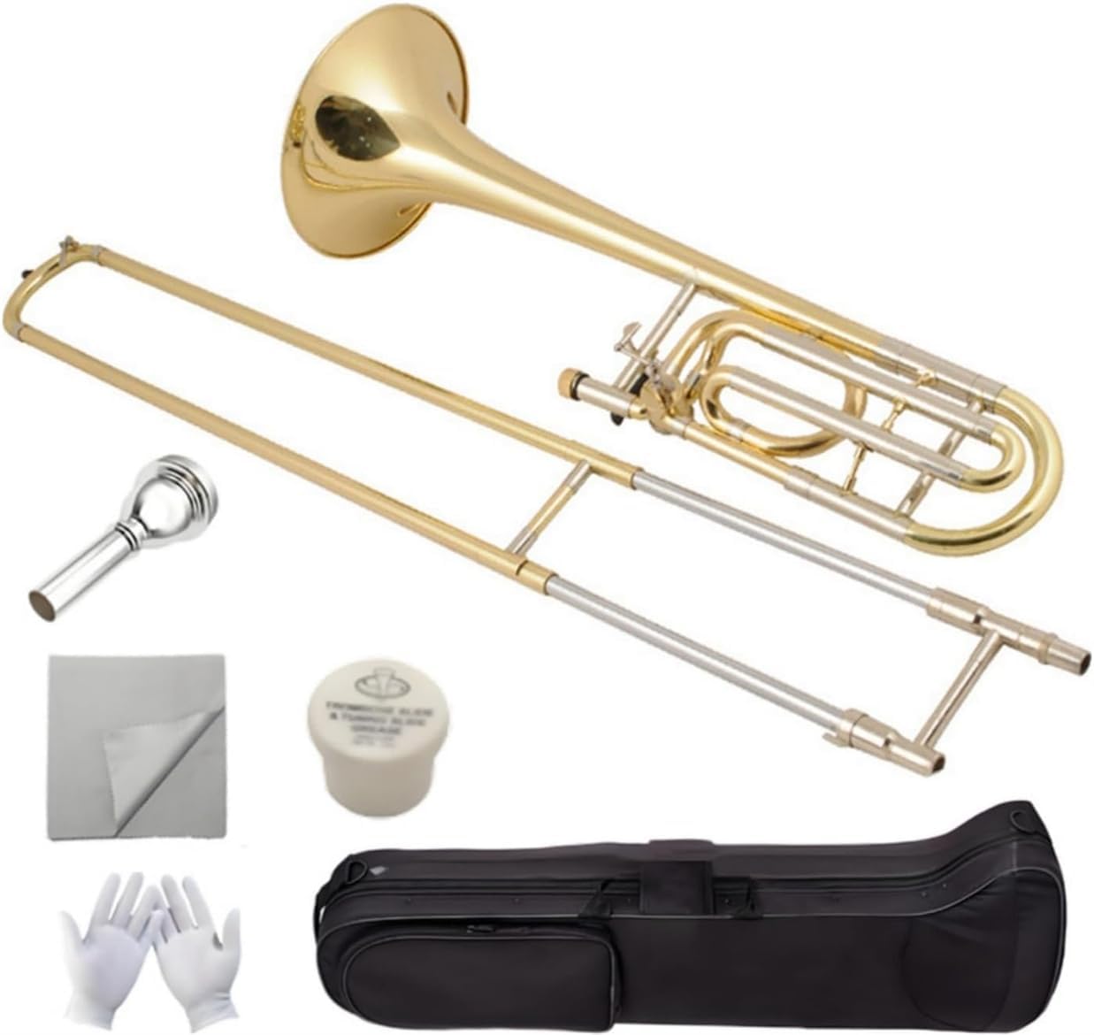 Bb Tenor Slide Trombone B Flat Brass Plated Trombone Instrument with Mouthpiece Cleaning Kit & Padded Case for Beginners Students
