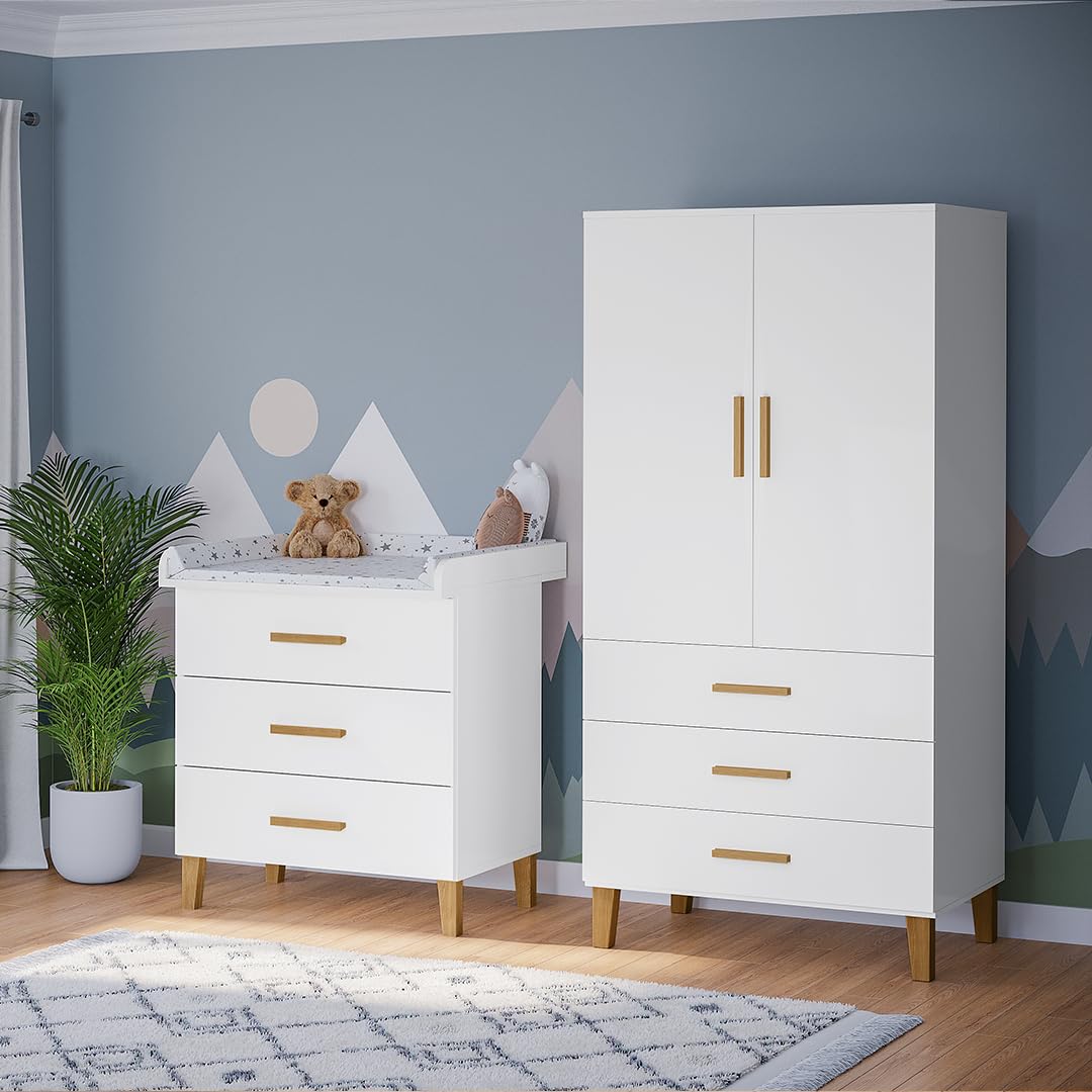 Bellabino Liri Kinderzimmer Set – 2-teiliges Babyzimmer Set mit Kinderkleiderschrank & Wickelkommode in Weiß/Natur – Wickeltisch mit abnehmbaren Wickelaufsatz & Kleiderschrank für Kinderzimmer