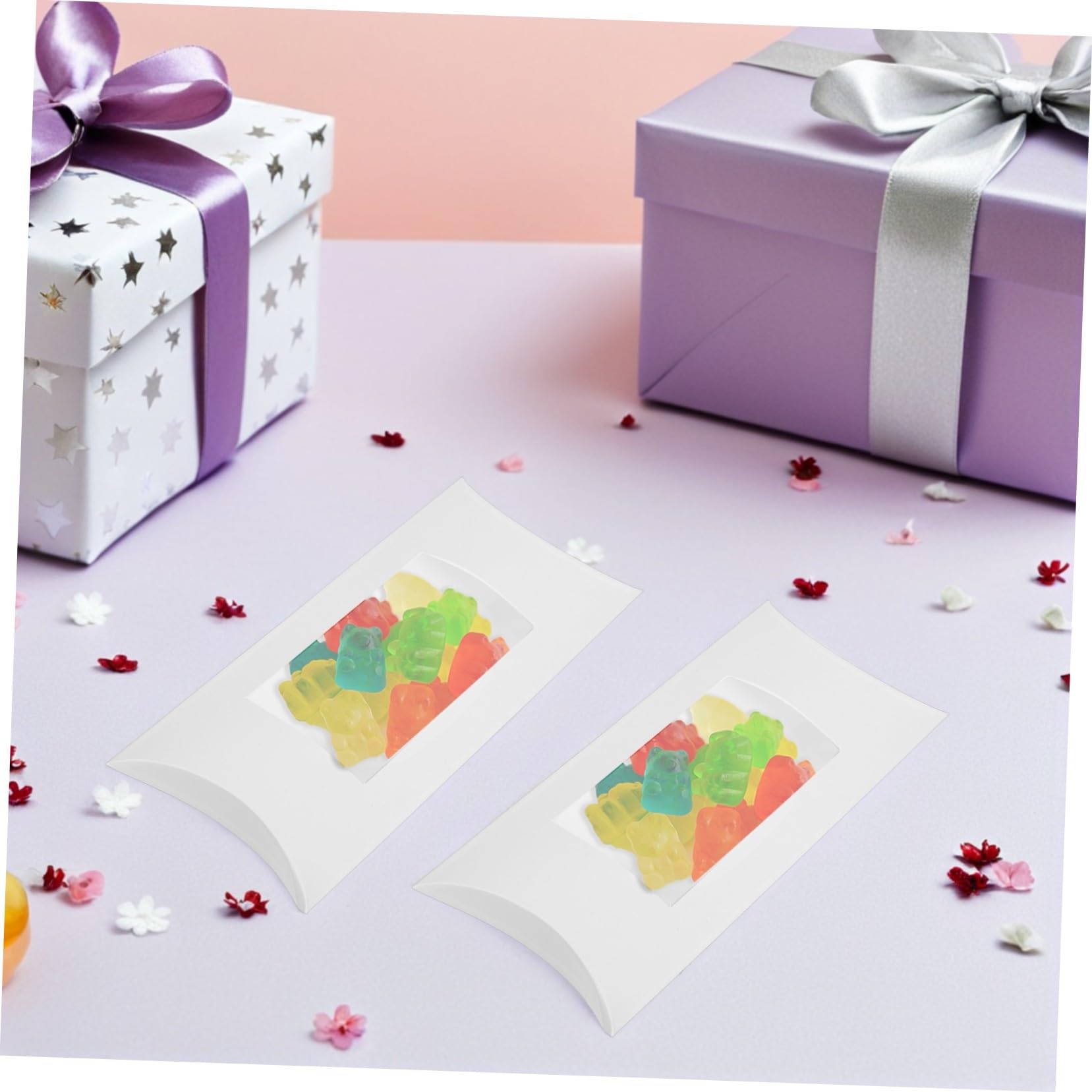VERDANVERSE 50 Pezzi Scatole Cuscino con Finestra Trasparente Confezione in Carta Bianca per Caramelle Cioccolatini e Dolci Scatole Regalo Riutilizzabili per Gioielli e Dolci da Forno