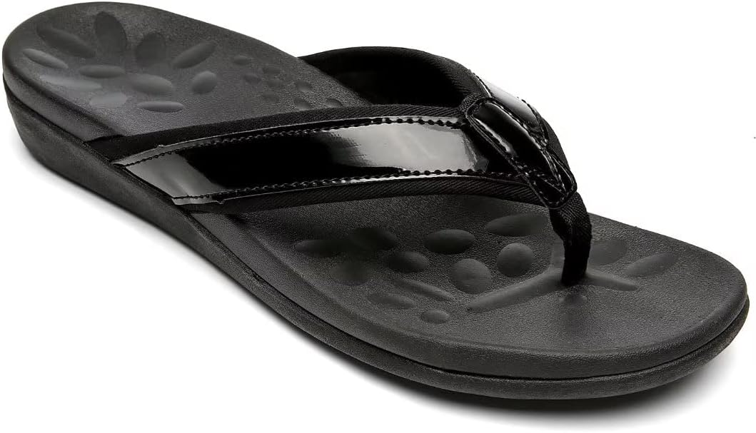 Comfortable Womens Walking Flip Flops With Arch Support, Best Plantar Fasciitis Sandals For Flat Feet Pain Relief, Soft Outdoor Thong Sandals with PU Leather