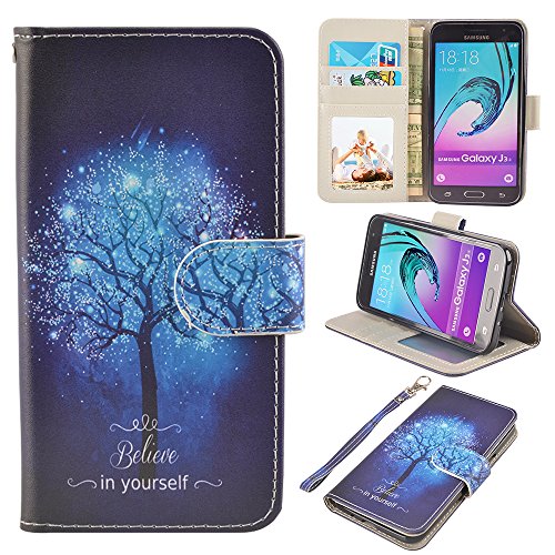UrSpeedtekLive J3 (2016) Case, Galaxy Express Prime/Amp Prime Case, Premium PU Leather Wallet Case Cover w/Strap Card Slots Flip Magnetic Closer & Kickstand for Samsung Galaxy J3 (2016), Tree
