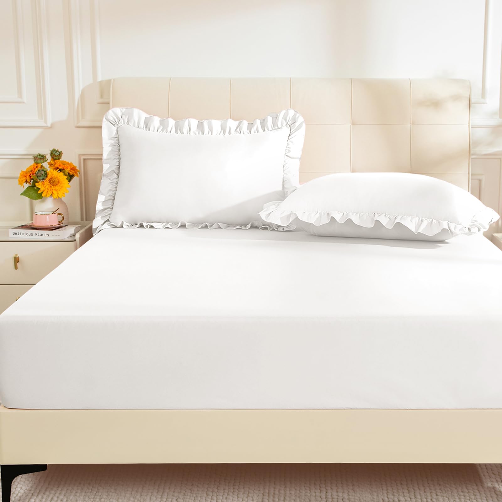 KKJIAF Queen Fitted Sheet with 2 Ruffle Pillowcases Brushed Microfiber Fitted Bed Sheets with 16 Inches Deep Pocket
