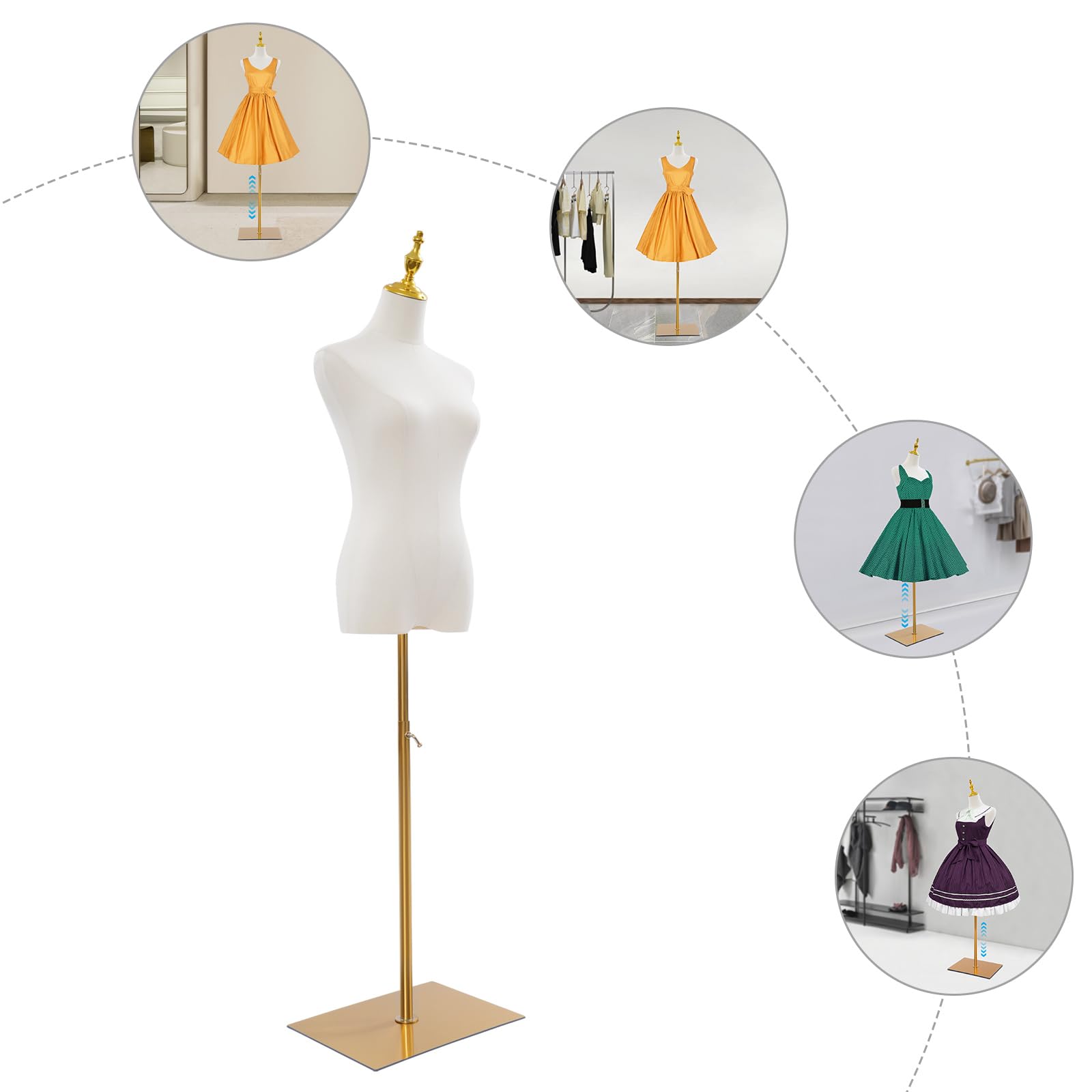 Forma de vestido para mujer, maniquí de pie, ajustable, maniquí, soporte para vestido de novia, soporte de 70 – 130 cm (dorado, cuadrado)