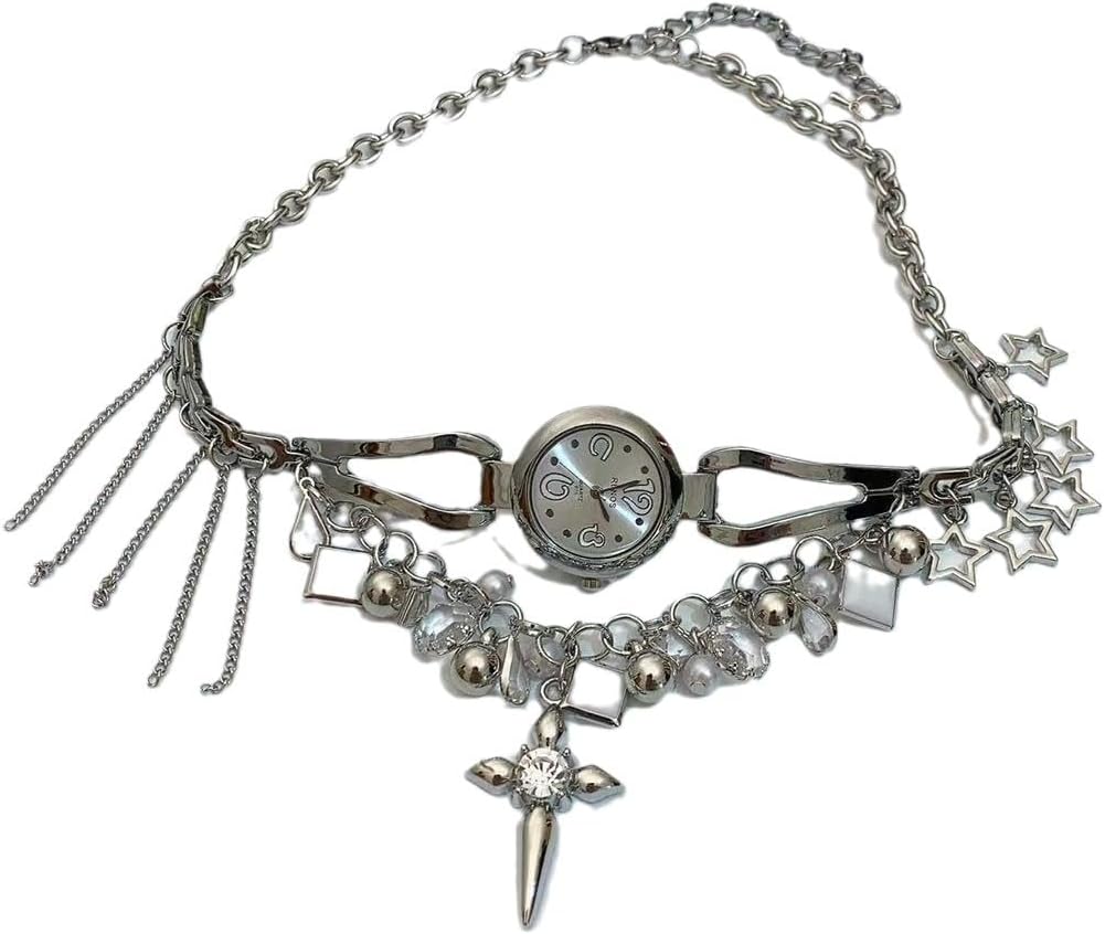 Cross Watch Necklace with Tassels and Stars, Vintage-Inspired Pendant Chain, Unique European-American Style Jewelry