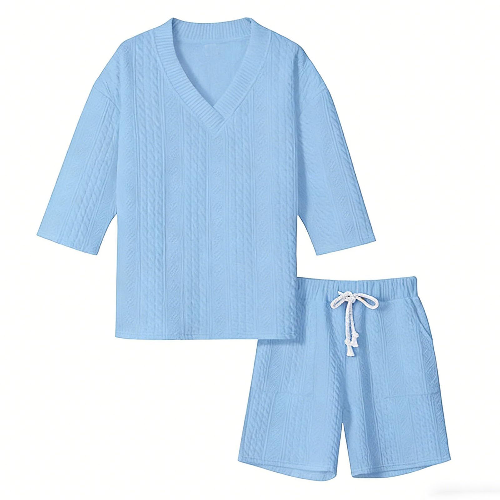 Generisch Chándal para hombre, jacquard, chándal de dos piezas, traje de verano, cuello de pico, camiseta y pantalones cortos, holgado, informal, para vacaciones en el resort