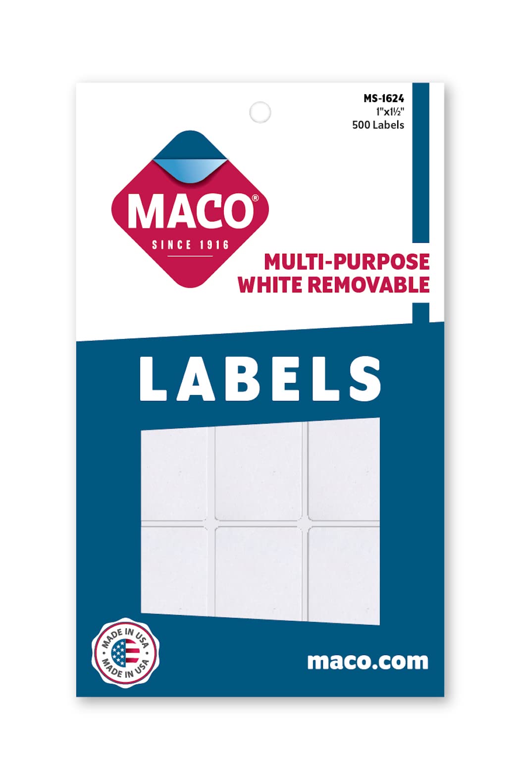 MACO White Rectangular Multi-Purpose Labels, 1 x 1-1/2 Inches, 500 Per Box (MS-1624)