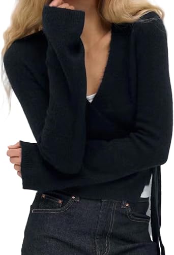Wrap Sweater Tops for Women Lightweight Side Tie Front Ballet Wrap Cardigan Elegant V Neck Fitted Cropped Sweaters