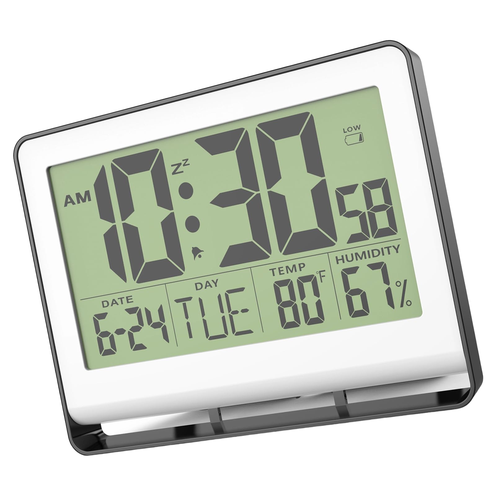 Buxuaaaa Large Screen Electronic Clock with Temp Humidity Monitor, Backlight, Snoozes, Battery Powered Digital Calendar Alarm Clock