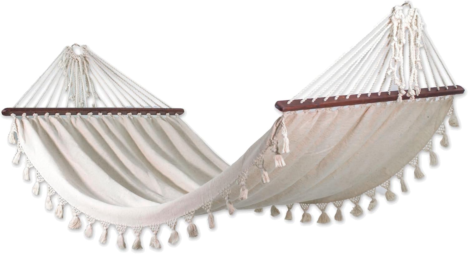 NOVICA Ivory White Cotton Fabric 1 Person Brazilian Style Hammock with Spreader Bars and Knotted Crochet Fringe, 'Take Me to The Sky' (Single)