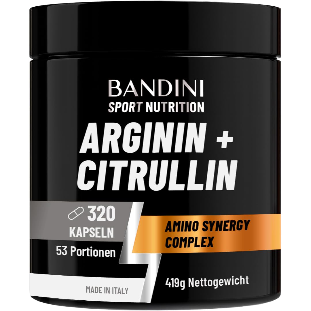 Bandini® L-Arginin + L-Citrullin 320 Kapseln (1100 mg pro Kapsel), Hochdosiert, Arginin + Citrullin Malat für Preworkout, Supplement für Fitnessstudio, Halb-Essentielle Aminosäuren, 50+ Tage Vorrat
