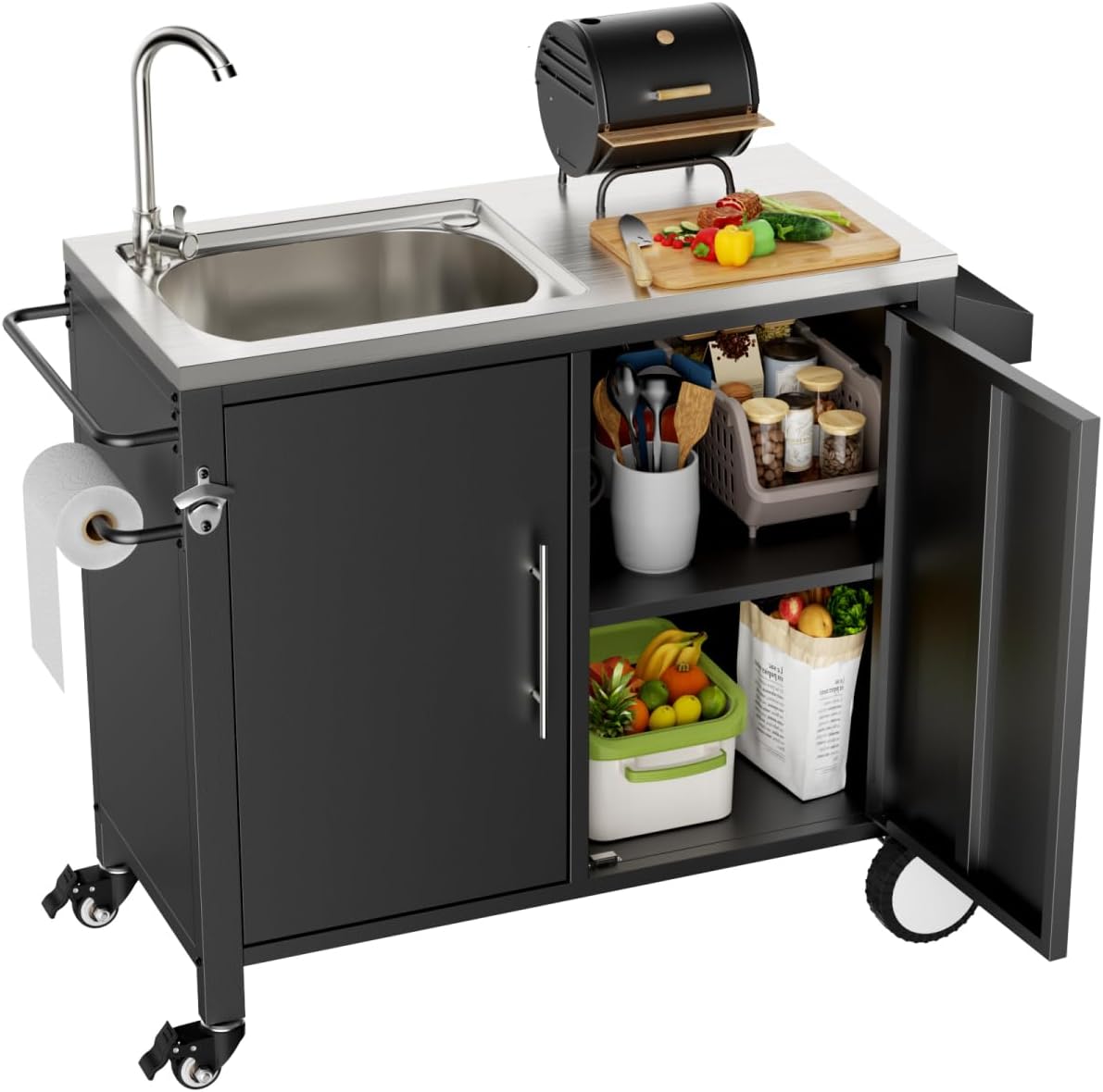 Outdoor Grill Table with Sink, Grill Cart with 304 Stainless Steel Sink and Cabinet, Outdoor Grill Cart,Outdoor Cart Sink Station with Wheels, L38 x W18 x H35