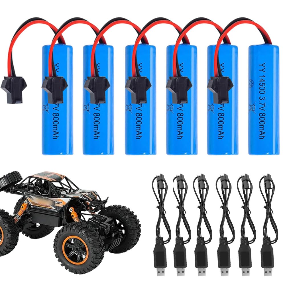 Akumulator litowo-jonowy 3,7 V 800 mAh, 6 sztuk akumulatorów litowych Lon ze złączami SM-2P i ładowarką USB, 14500 RC akumulatory do samochodów RC, czołgów, wózków spacerowych, łodzi