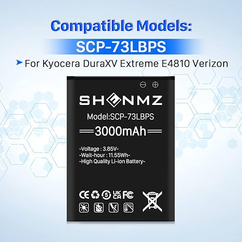 Miniatura 6 de SHENMZ Batería SCP-73LBPS, [3000mAh] Reemplazo de batería de 0 ciclos de gran capacidad para Kyocera DuraXV Extreme E4810 Verizon Flip Phone