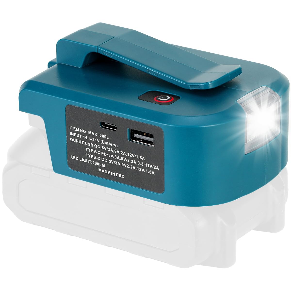 USB Adapter for Makita 18V Battery, 1 USB-C &amp; 1 Type-C Fast Charger with 200LM LED Work Light, Portable Belt Clip Power Converter for Jobsite