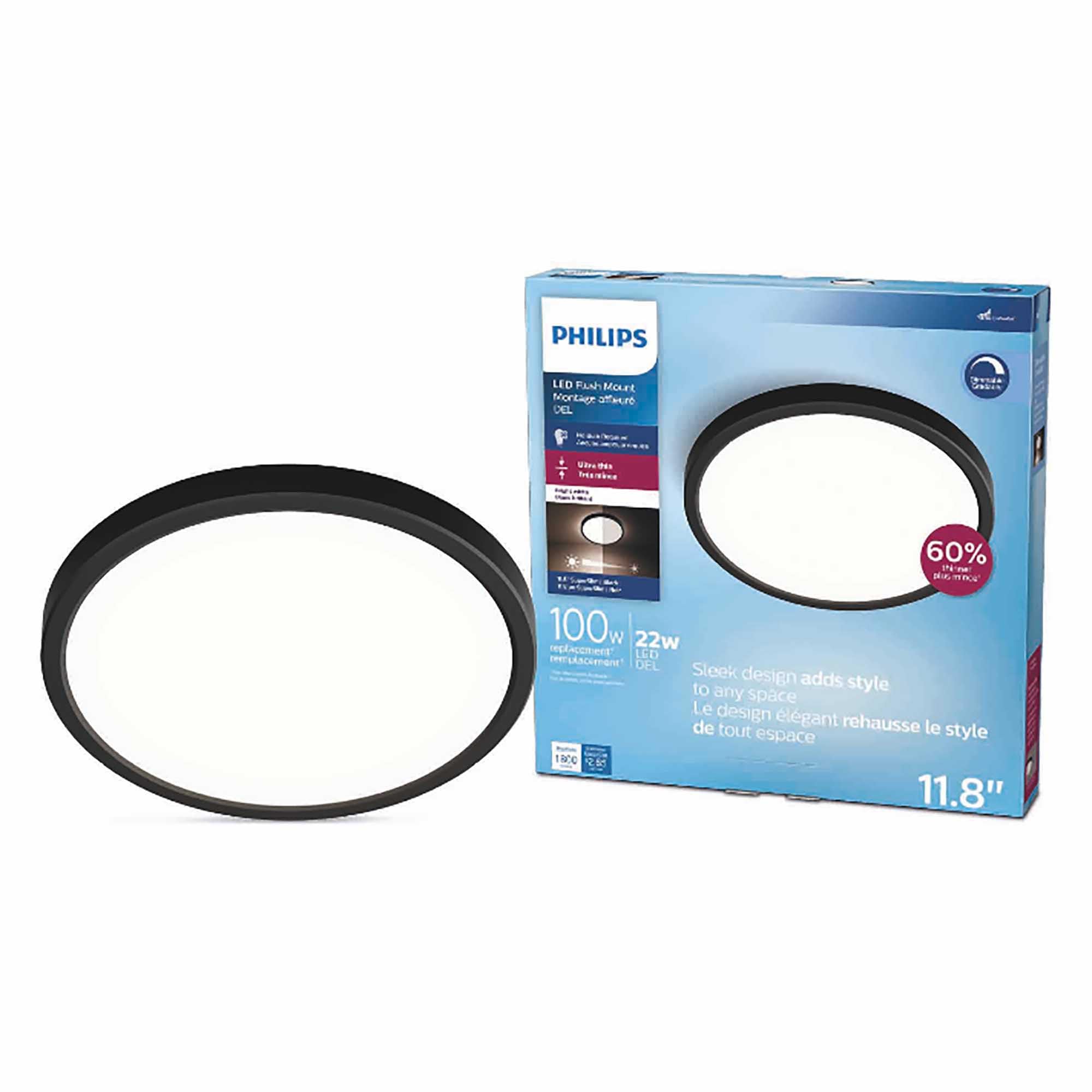 Philips LED Flush Mount Ultra Thin Black Ceiling Light 1-Pack Bright White (3000K) 1500 Lumen (22W = 100W) No Bulbs Required