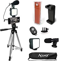 Vista 16 de Acuvar Kit de vlogging premium de 9 piezas para iPhone, Android y cámaras, micrófono, soporte de trípode y luz LED, paquete de YouTube, TikTok