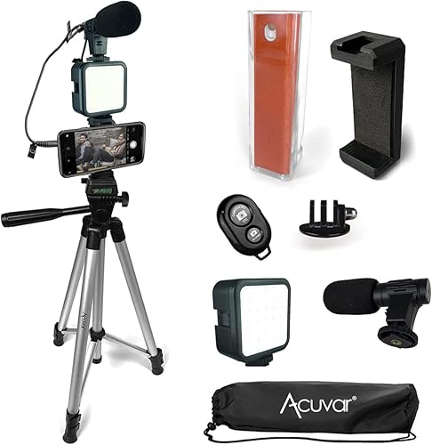 Miniatura 16 de Acuvar Kit de vlogging premium de 9 piezas para iPhone, Android y cámaras, micrófono, soporte de trípode y luz LED, paquete de YouTube, TikTok