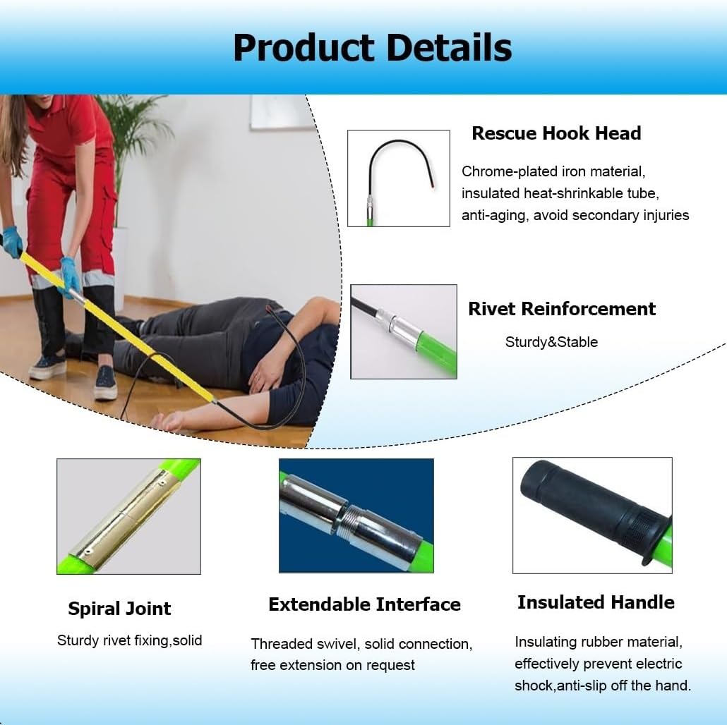 3 5 6 10 Foot Electric Shock Emergency Rescue Tool with 18" Opening Hook, Portable 10-220KV High Voltage Anti-electrocution Rescue Hook, Electrical Safety Stick Kit(Yellow,2m/6.6ft-110kv)