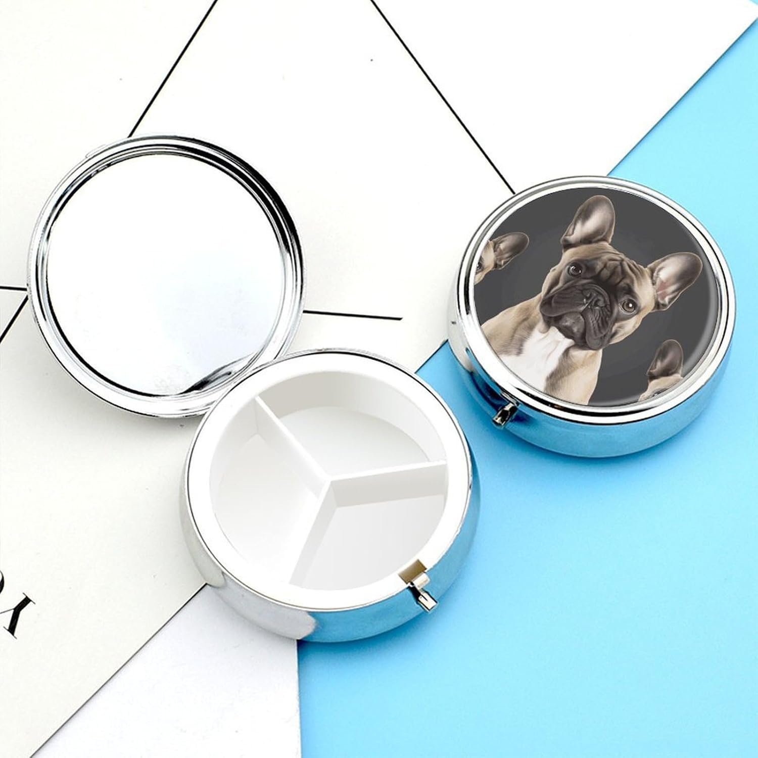 Round Silver Pill Box Small Pill Case for Purse and Pocket 3 Compartment