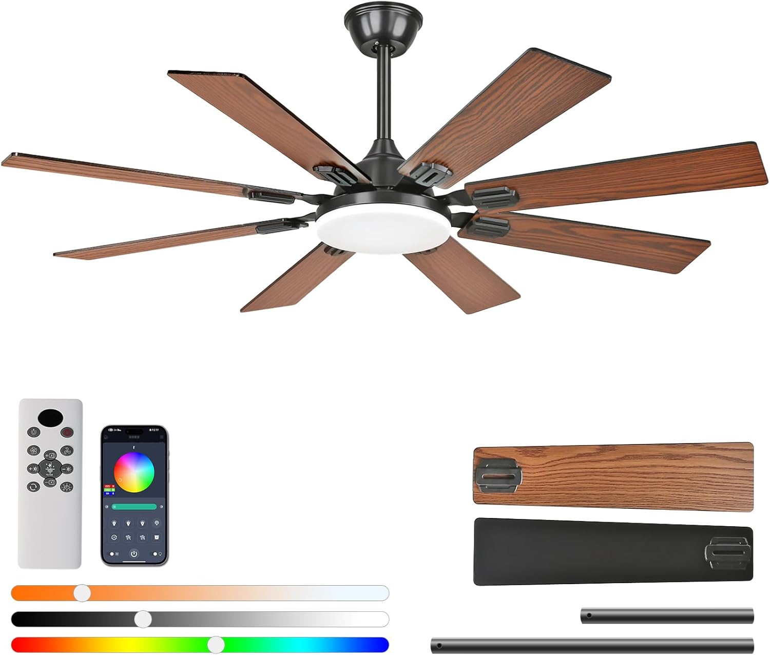 52" Ceiling Fans with Lights and Remote,Modern Ceiling Fan with 8 Dual Finish Blades,Quiet Reversible Motor， Farmhouse Ceiling Fan with RGB Lights for Bedroom,Living Room,Patios， Brown
