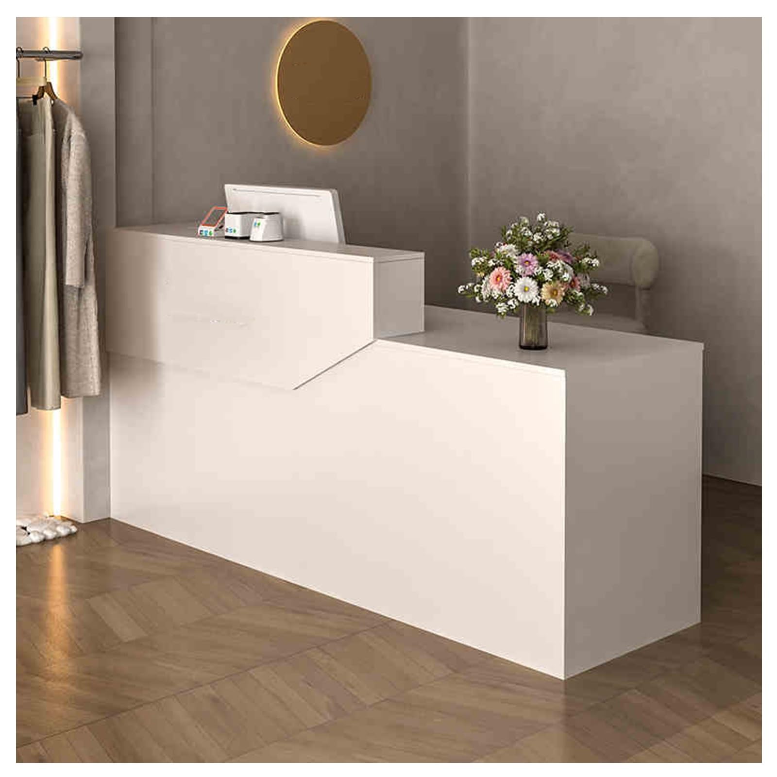 Moderner Rezeptionstheke – kompakter Kassentisch für Büro, Salon und Einzelhandel, stilvolle Lobby-Empfangsmöbel (A6, R-140 x 59,9 x 99,8 cm)