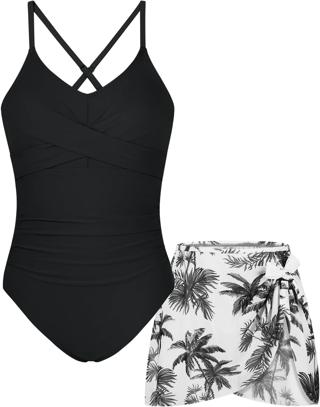 9-16Y Girls One Piece Swimsuit with Cover Up Spaghetti Strap Cutout Ruched Bathing Suit Criss Cross Straps Swimwear