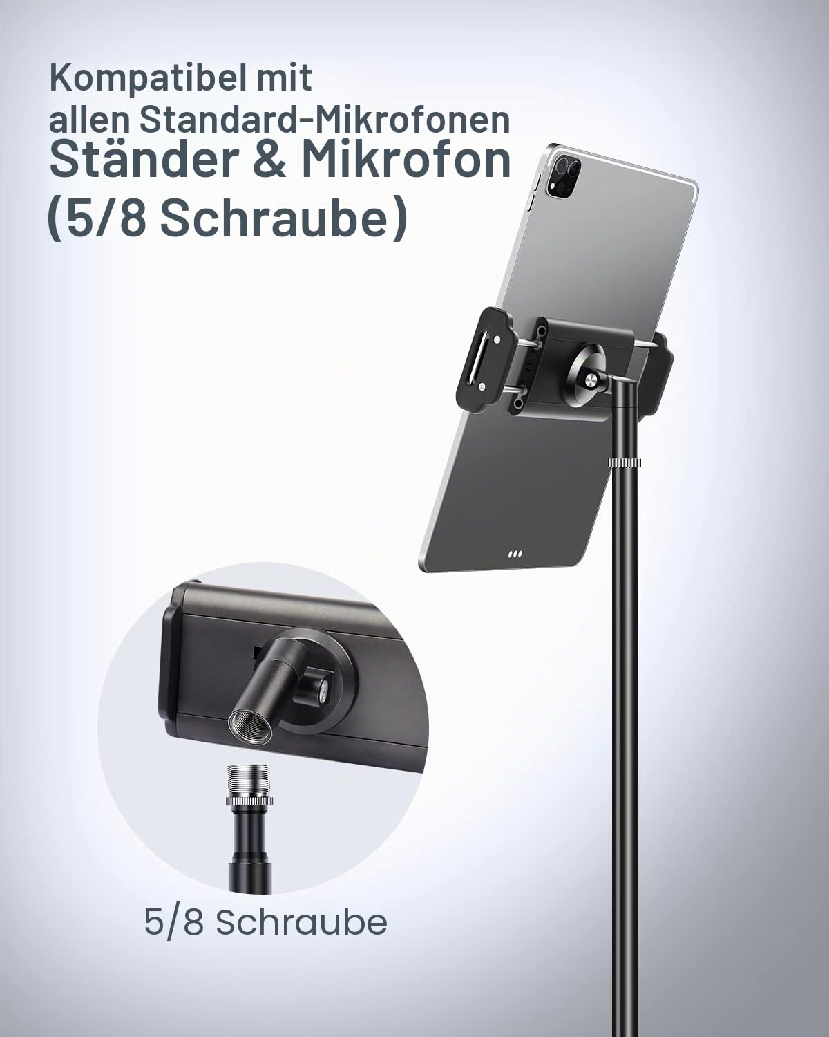 elitehood Aluminium iPad Halterung Mikrofonständer, Seite Tablet Halter Mic Ständer, Verstellbarer 360° Drehbar Tablethalter Mikrofon Ständer mit iPad Pro 12.9, Air, Mini, Mehr 4-12.9” Geräte