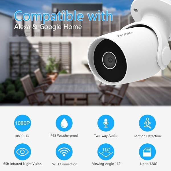 AKASO IP Telecamera Wi Fi Esterno 1080P Lavora con Alexa Google Home IP65 Impermeabile Audio Bidirezionale Accesso Remoto Rilevamento de Movimento Archiviazione SchedaCloud